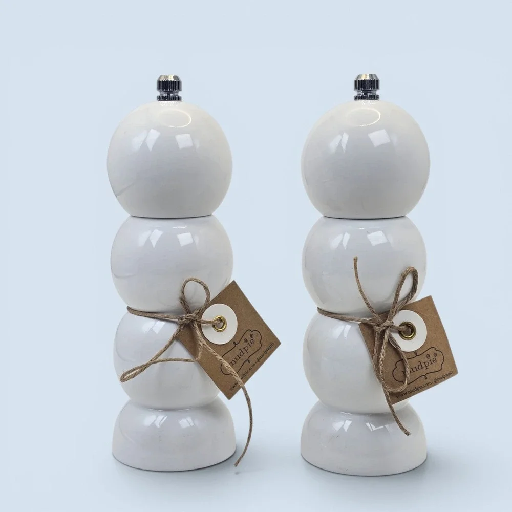 Mud Pie Bauble Salt & Pepper Grinder Set White Lacquered Wood 6.25